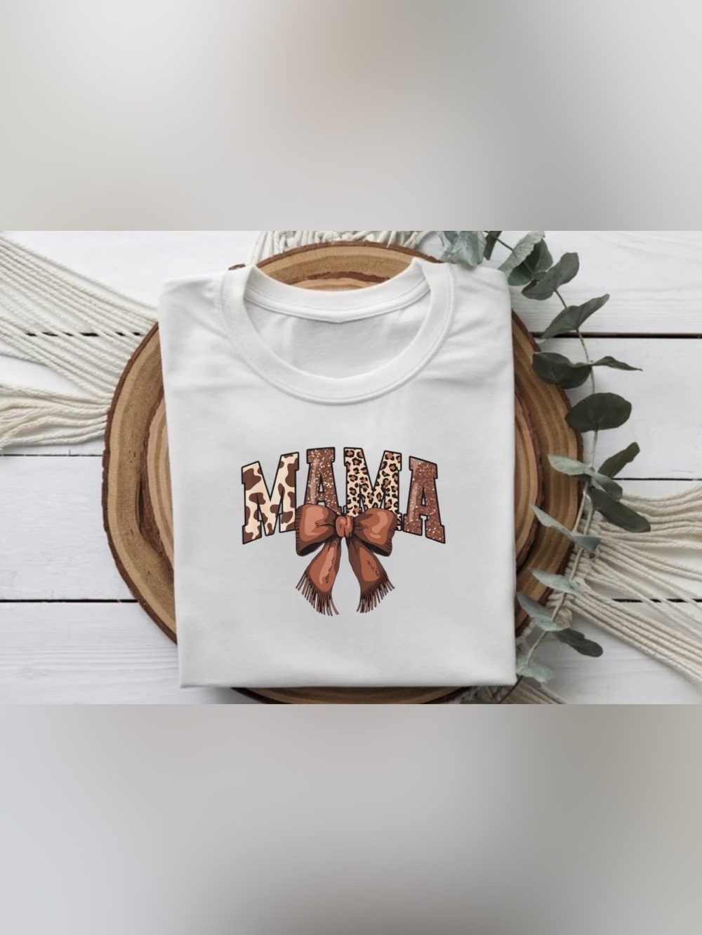 Mama Graphic Tee | Mom Gift Shirt | Leopard Cow Print Fringe Bow Tee